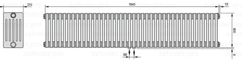 Схема (чертеж) Радиатор Zehnder Charleston 6060/40 №5410 Белый глянцевый RAL 9016